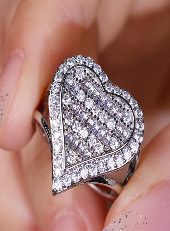 EUJHRTM 925 Sterling Silver Light Luxury Rectangular Love Ring Simulation Diamond Ring Group Set with Diamond Heart Shaped Index Finger Engagement Ring as a Gift for Girlfriend 7 - Image 1